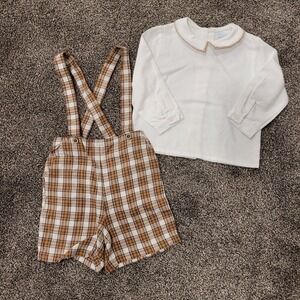 Edgehill Collection Plaid Cotton Blend Suspenders Shorts and White Shirt 24M